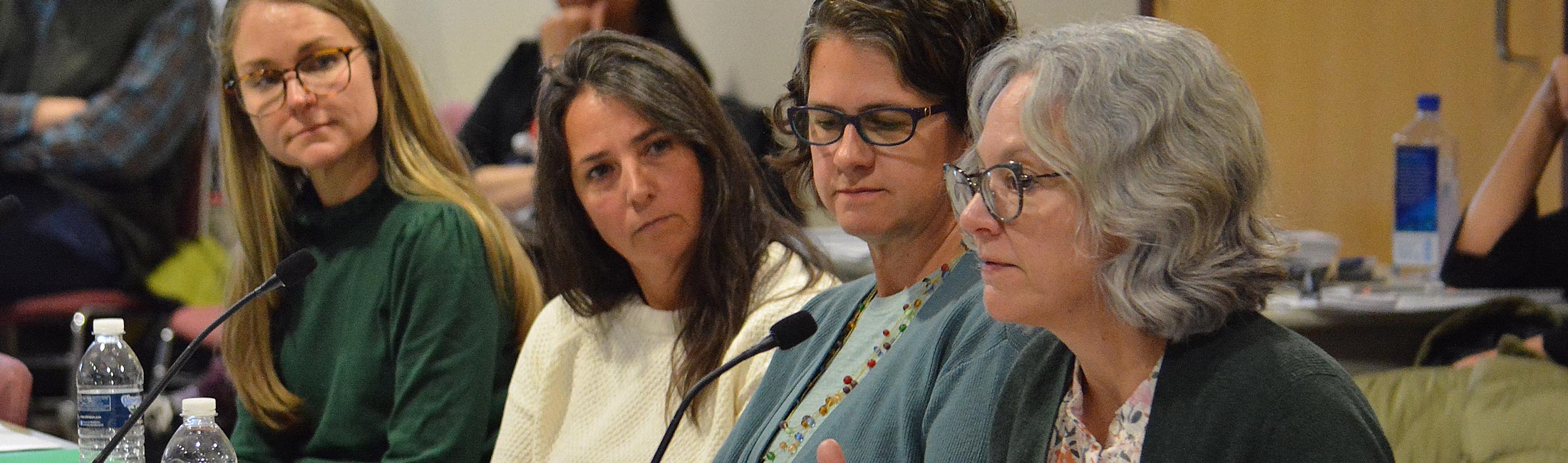 Women at a table with microphone.