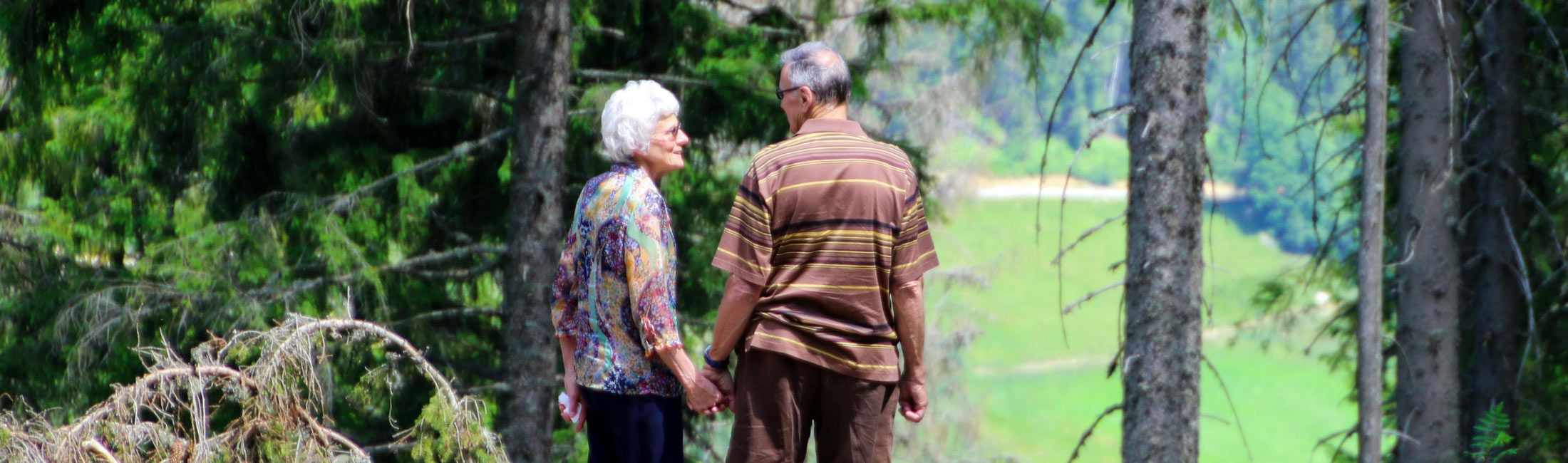 aging couple holding hands in woods
