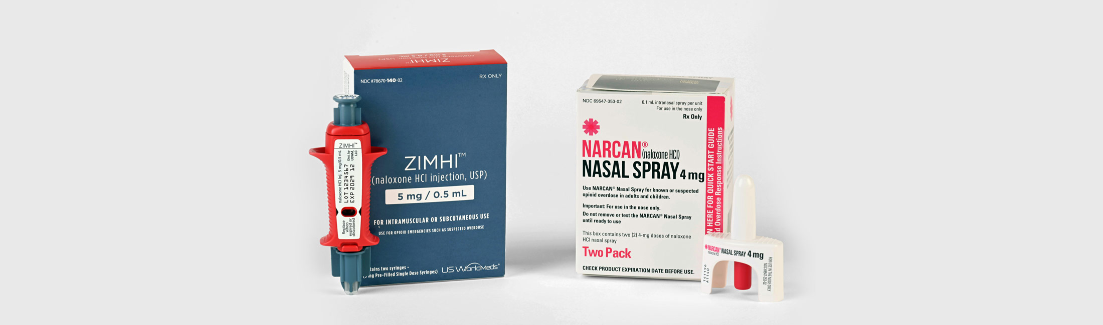 Narcan injection device and Nasal Spray with packaging