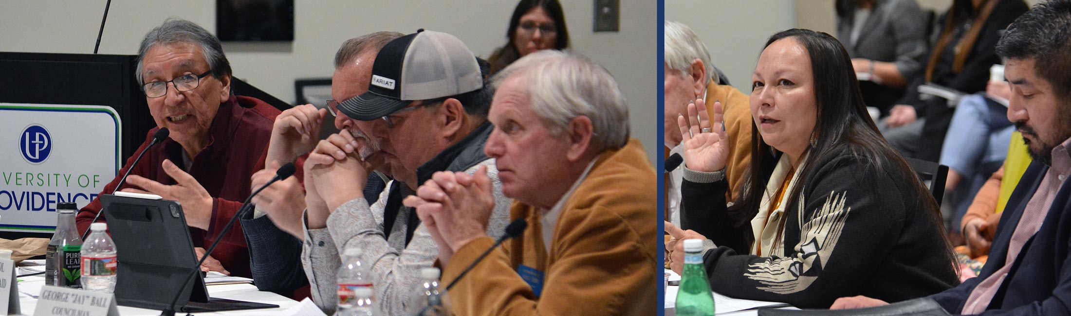 people speaking at tribal meeting 