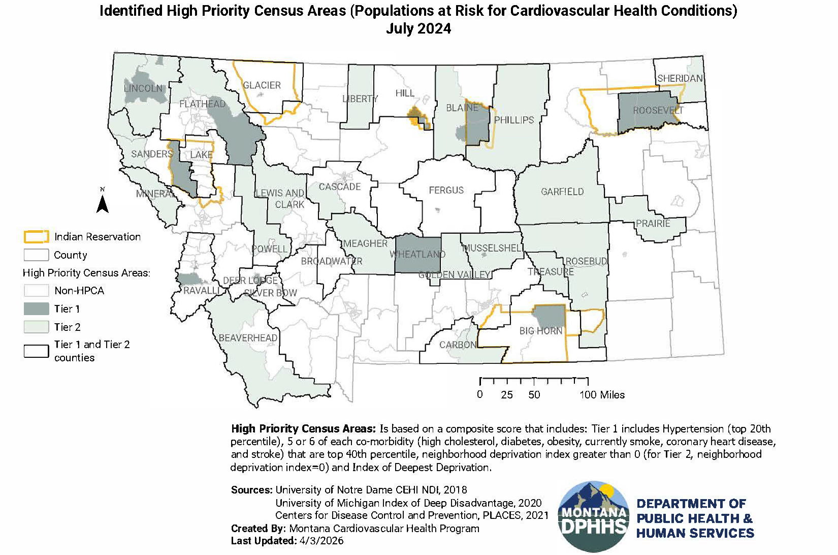 This map illustrates the Tier 1 (dark green) and Tier 2 (light green) high priority census areas (populations at risk for cardiovascular health conditions).  High Priority Census Areas: Is based on a composite score that includes: Tier 1 includes Hypertension (top 20th percentile), 5 or 6 of each co-morbidity (high cholesterol, diabetes, obesity, currently smoke, coronary heart disease, and stroke) that are top 40th percentile, neighborhood deprivation index greater than 0 (for Tier 2, neighborhood deprivation index=0) and Index of Deepest Deprivation.