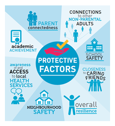 Protective Factors: parent connectedness; connections to other non-parental adults; school safety; closeness to caring friends; overall resilience; neighbourhood safety; awareness and access to local health services; academic achievement